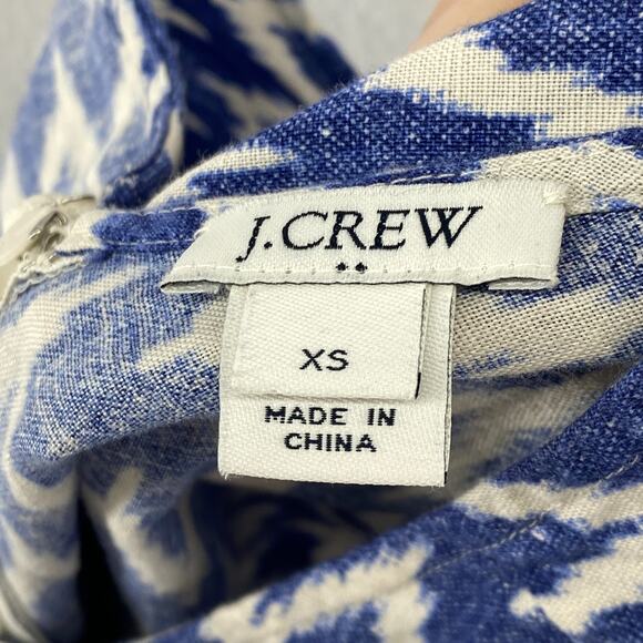 J.CREW Dress XS Linen Cotton Ikat Chevron Bowback Sleeveless Ruffle Hem Blue - Picture 4 of 12